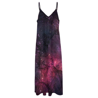 Purple Nebula Maxi Dress, Cosmic Starfield Festival Outfit, Spacecore Summer Sundress