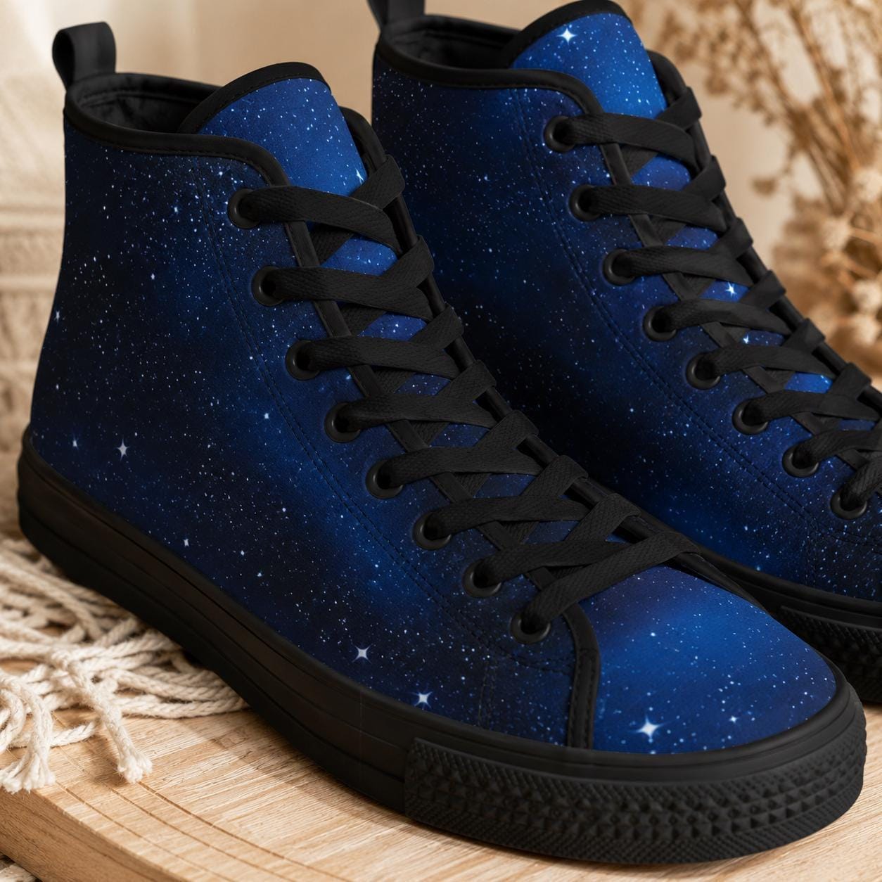 Celestial High Top Sneakers, Blue Galaxy Print Lace Up Shoes, Cosmic Space Canvas Style