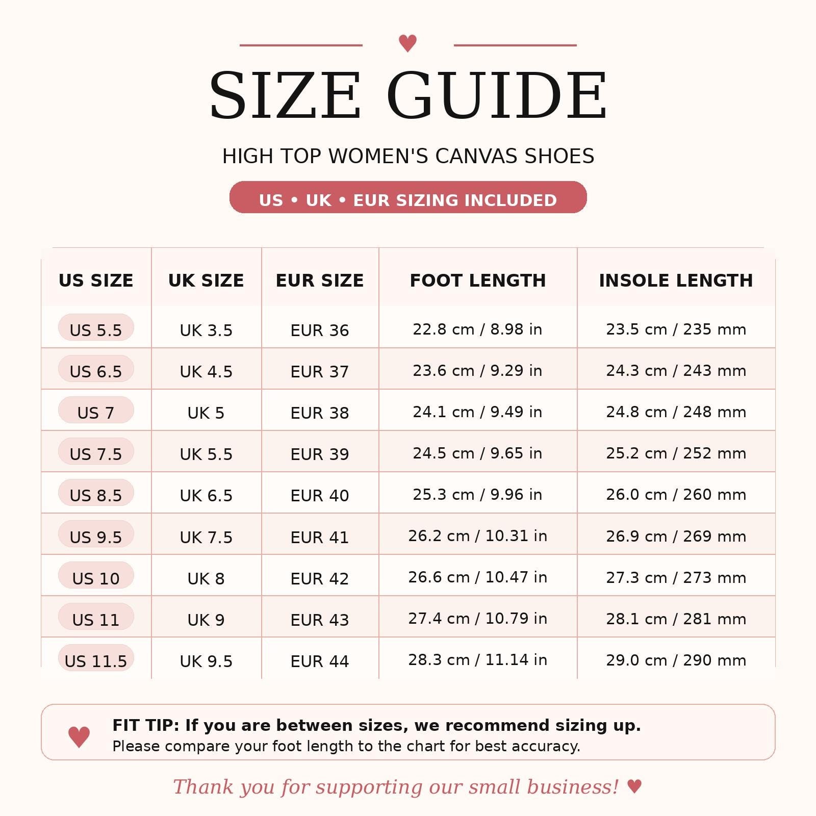 The image is a size guide for high top women's canvas shoes, providing sizes and corresponding foot lengths for various countries and shoe styles.