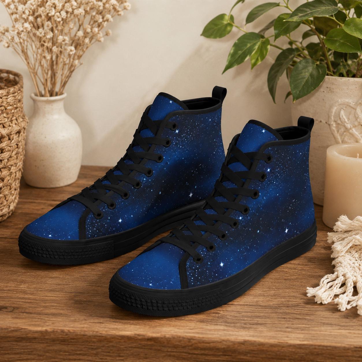 Celestial High Top Sneakers, Blue Galaxy Print Lace Up Shoes, Cosmic Space Canvas Style
