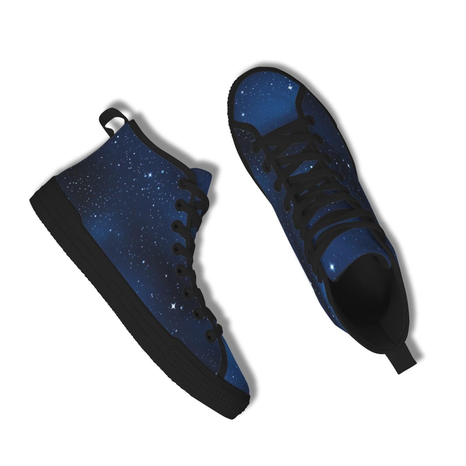 Celestial High Top Sneakers, Blue Galaxy Print Lace Up Shoes, Cosmic Space Canvas Style