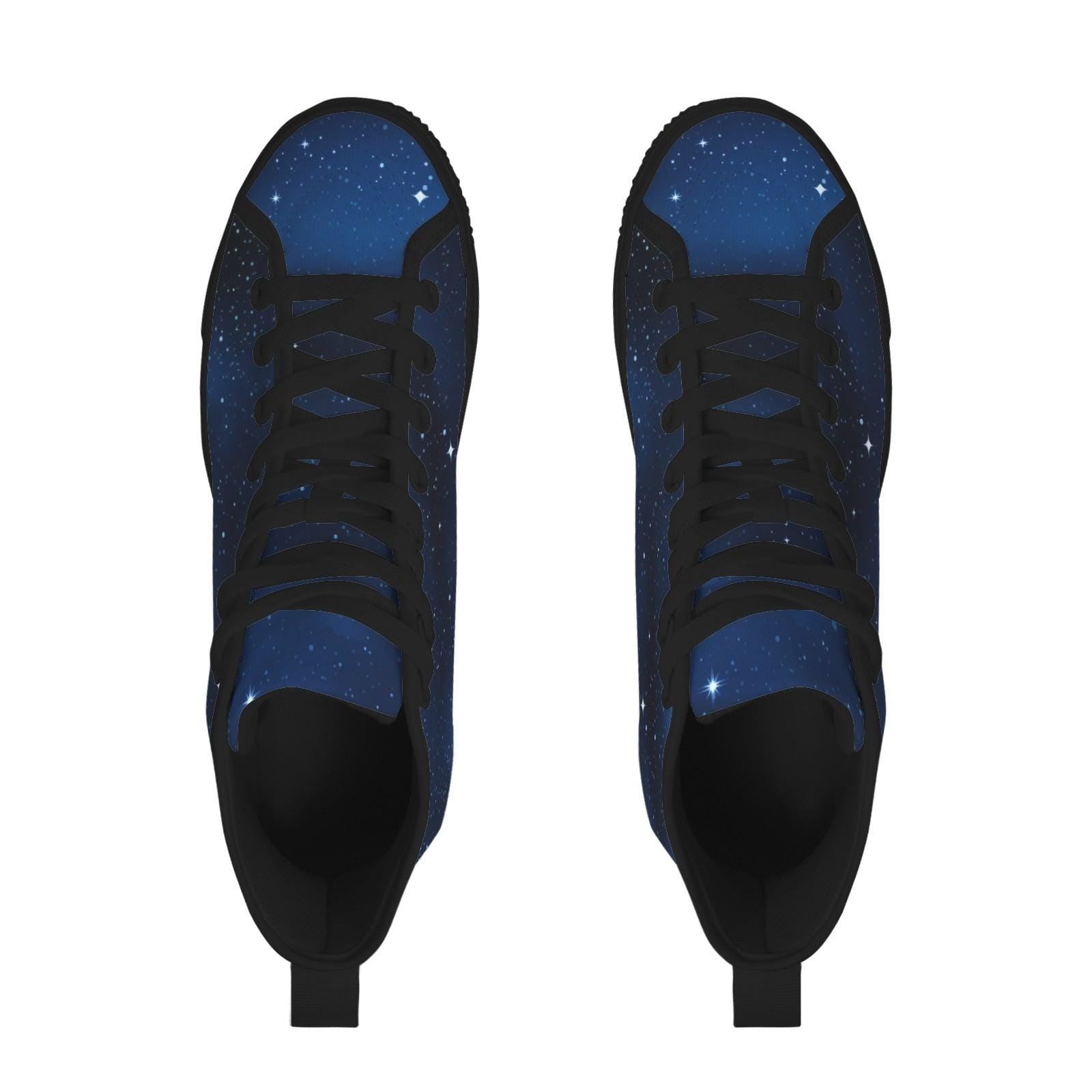 Celestial High Top Sneakers, Blue Galaxy Print Lace Up Shoes, Cosmic Space Canvas Style