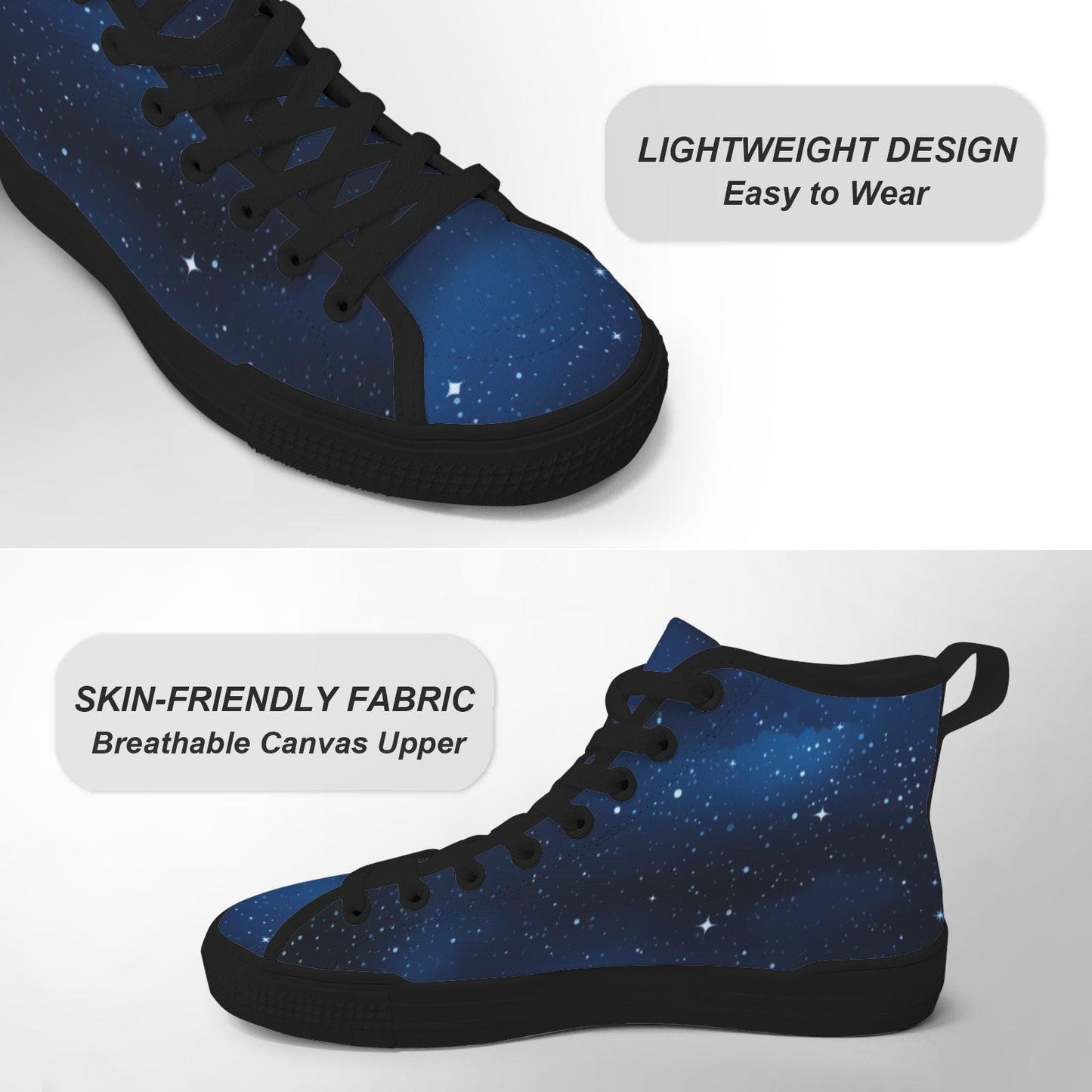Celestial High Top Sneakers, Blue Galaxy Print Lace Up Shoes, Cosmic Space Canvas Style