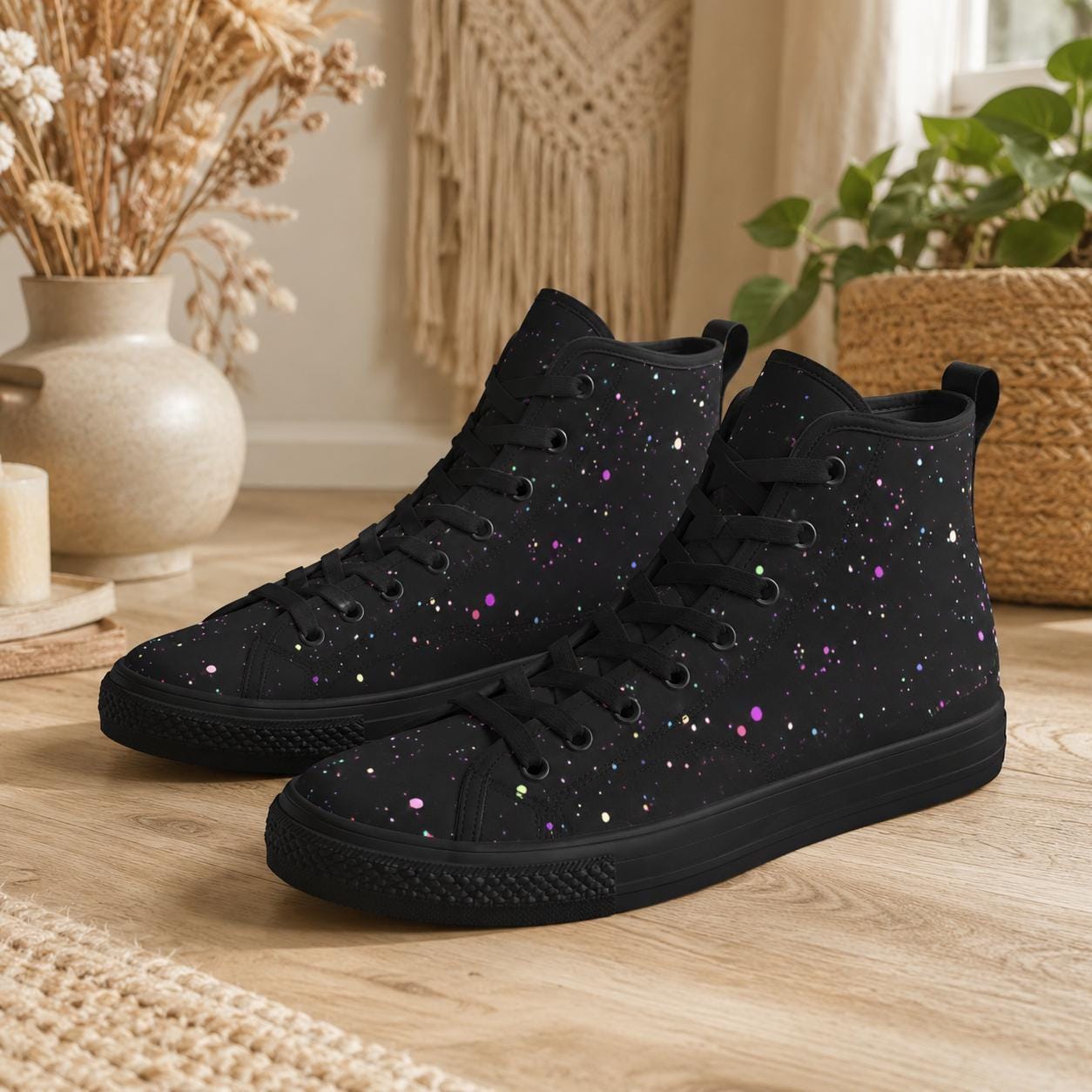 Black Galaxy High Top Canvas Sneakers, Celestial Paint Splatter Street Shoes