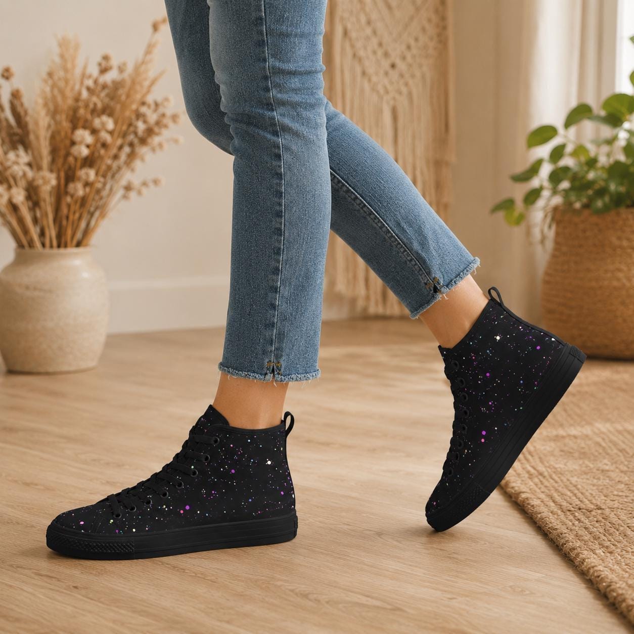 Black Galaxy High Top Canvas Sneakers, Celestial Paint Splatter Street Shoes