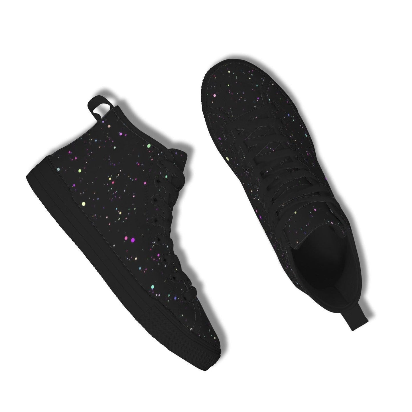 Black Galaxy High Top Canvas Sneakers, Celestial Paint Splatter Street Shoes