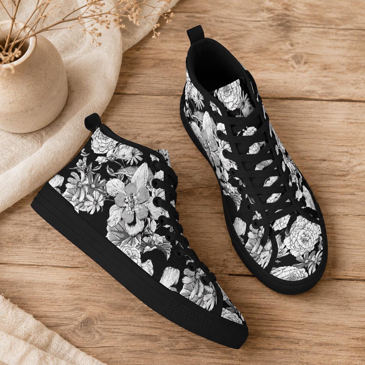 Black Floral High Top Sneakers, Monochrome Botanical Lace Up Streetwear Shoes