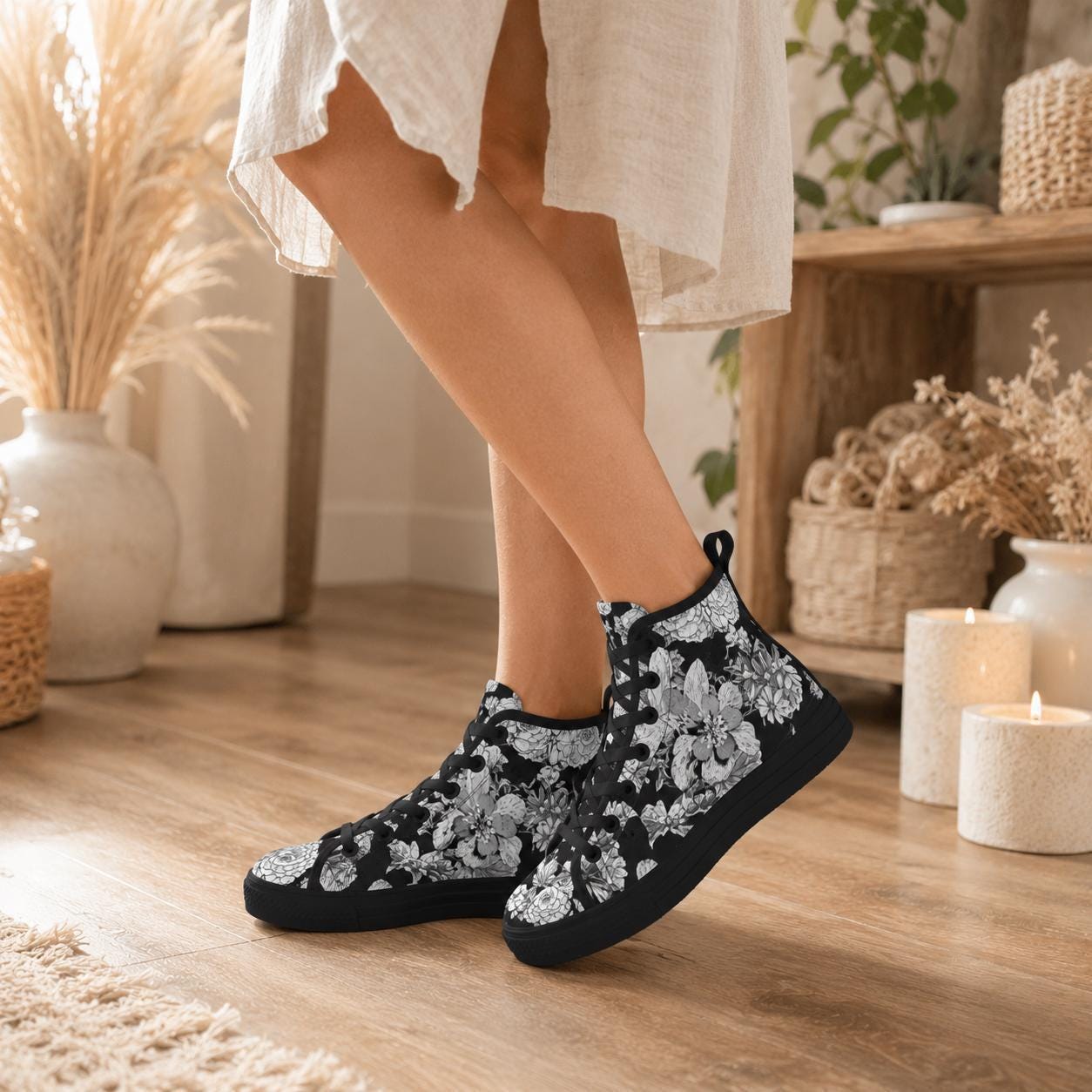 Black Floral High Top Sneakers, Monochrome Botanical Lace Up Streetwear Shoes