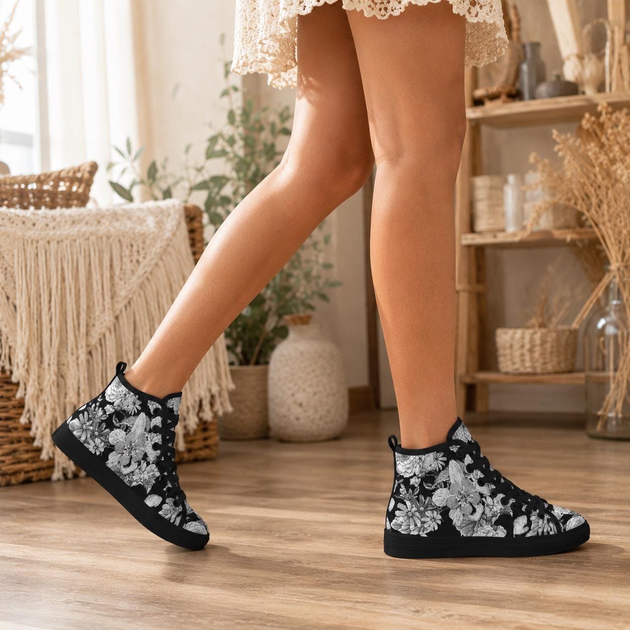 Black Floral High Top Sneakers, Monochrome Botanical Lace Up Streetwear Shoes