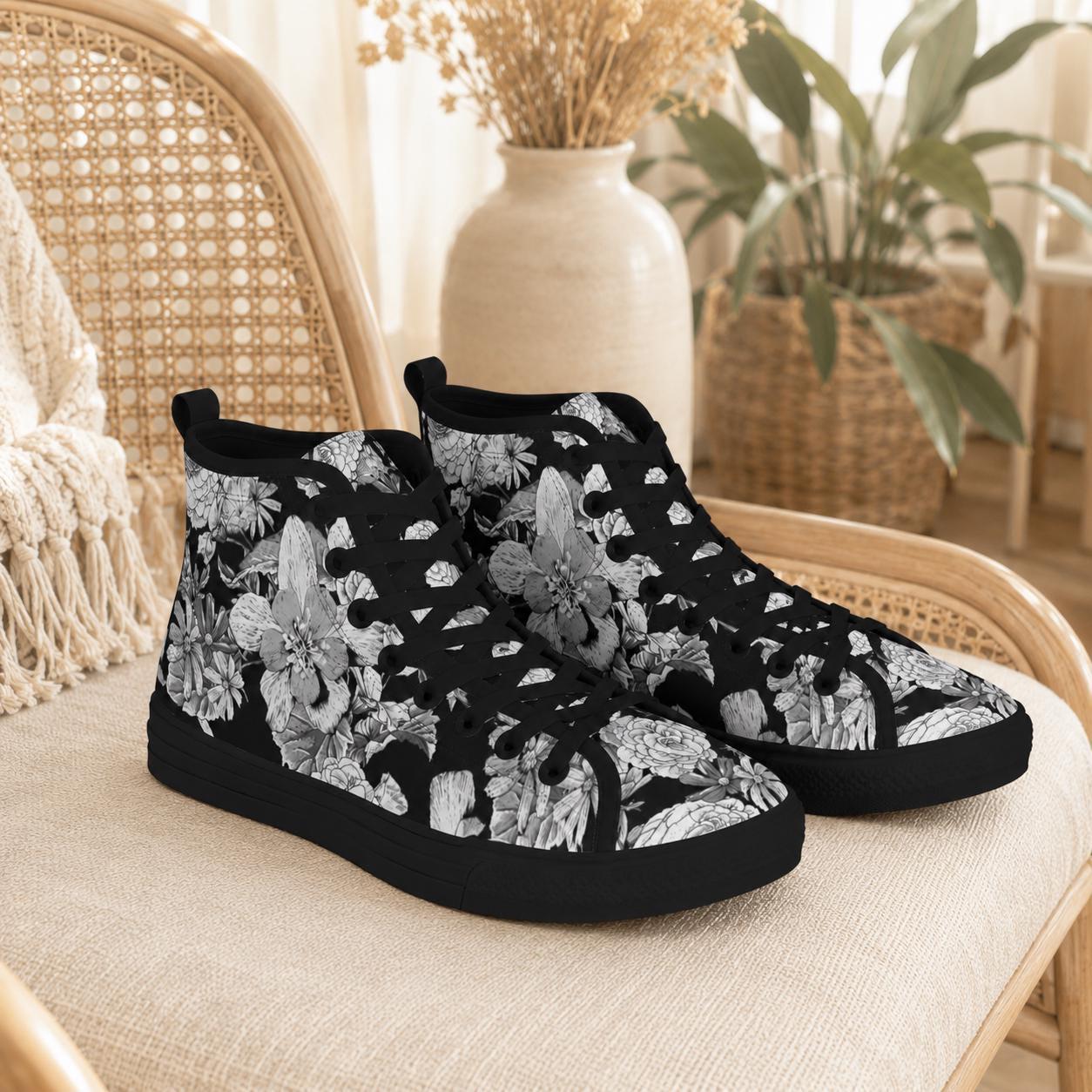 Black Floral High Top Sneakers, Monochrome Botanical Lace Up Streetwear Shoes