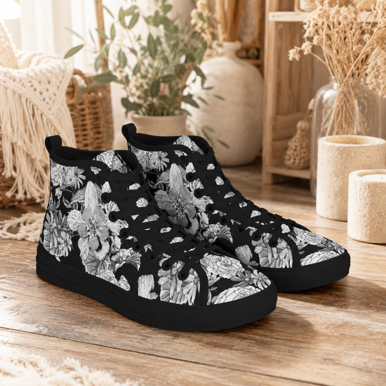 Black Floral High Top Sneakers, Monochrome Botanical Lace Up Streetwear Shoes