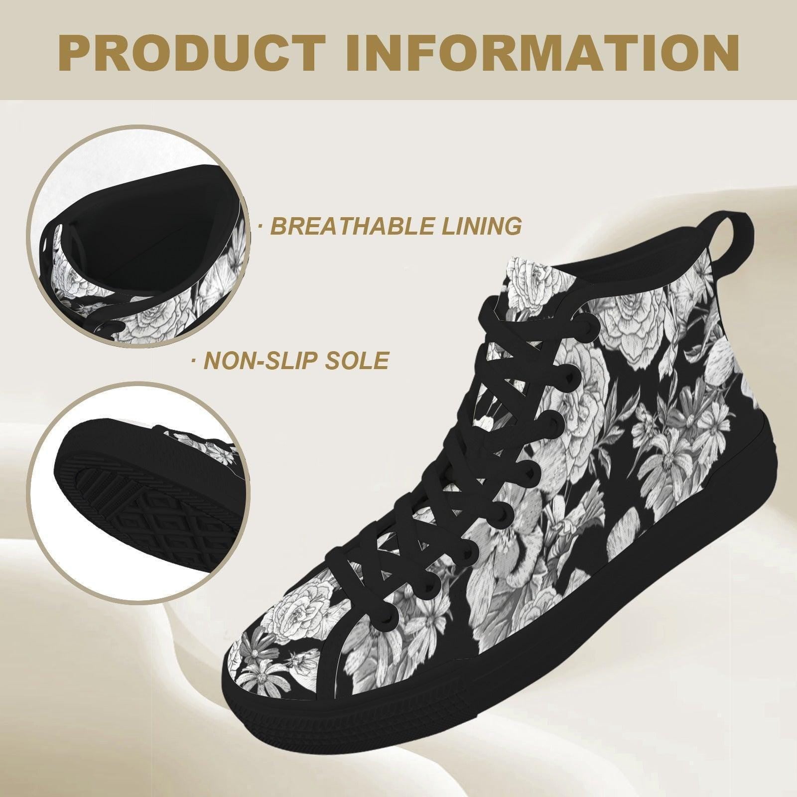 Black Floral High Top Sneakers, Monochrome Botanical Lace Up Streetwear Shoes