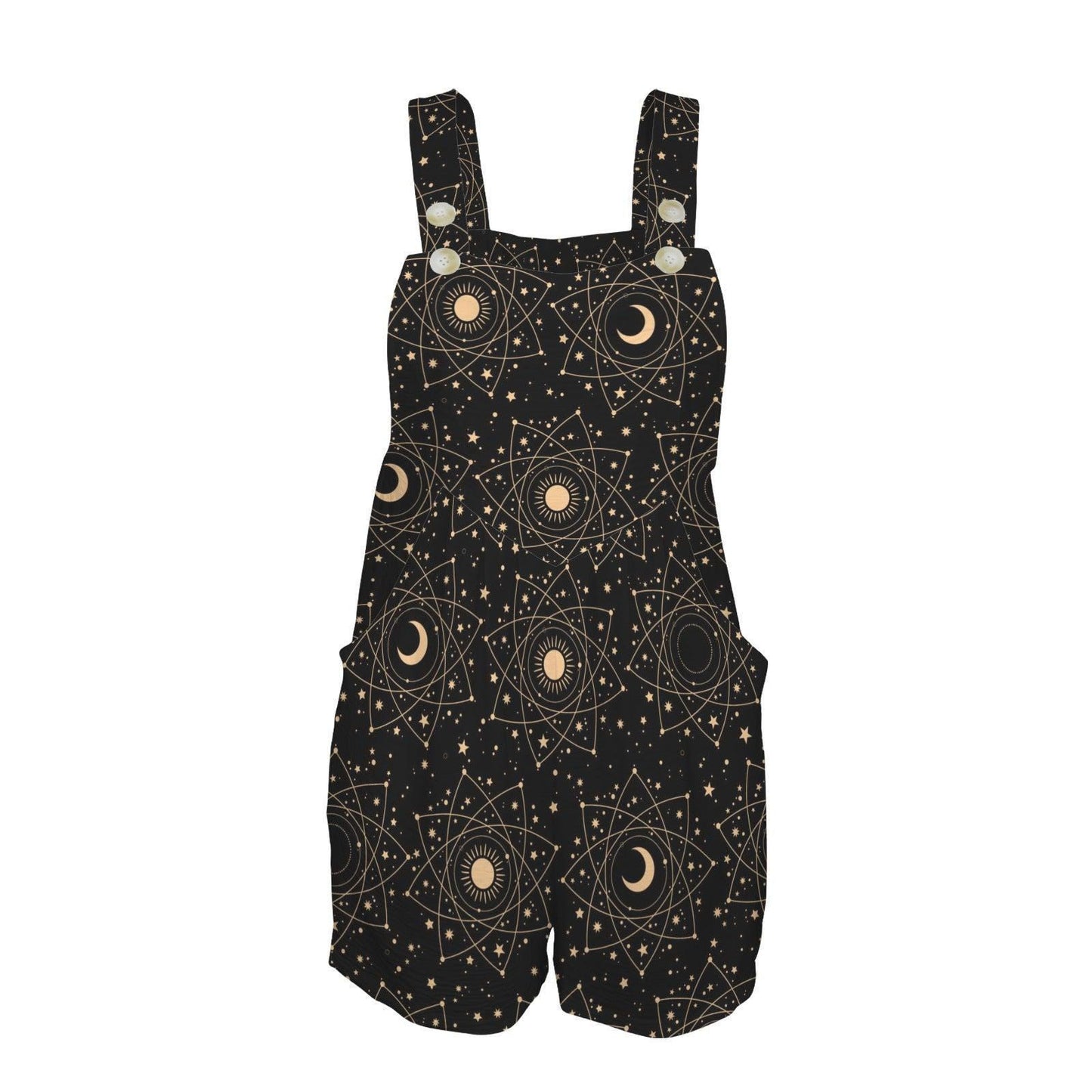 Celestial Moon Shortalls Romper, Black Sun Stars Print, Witchy Pocket Playsuit