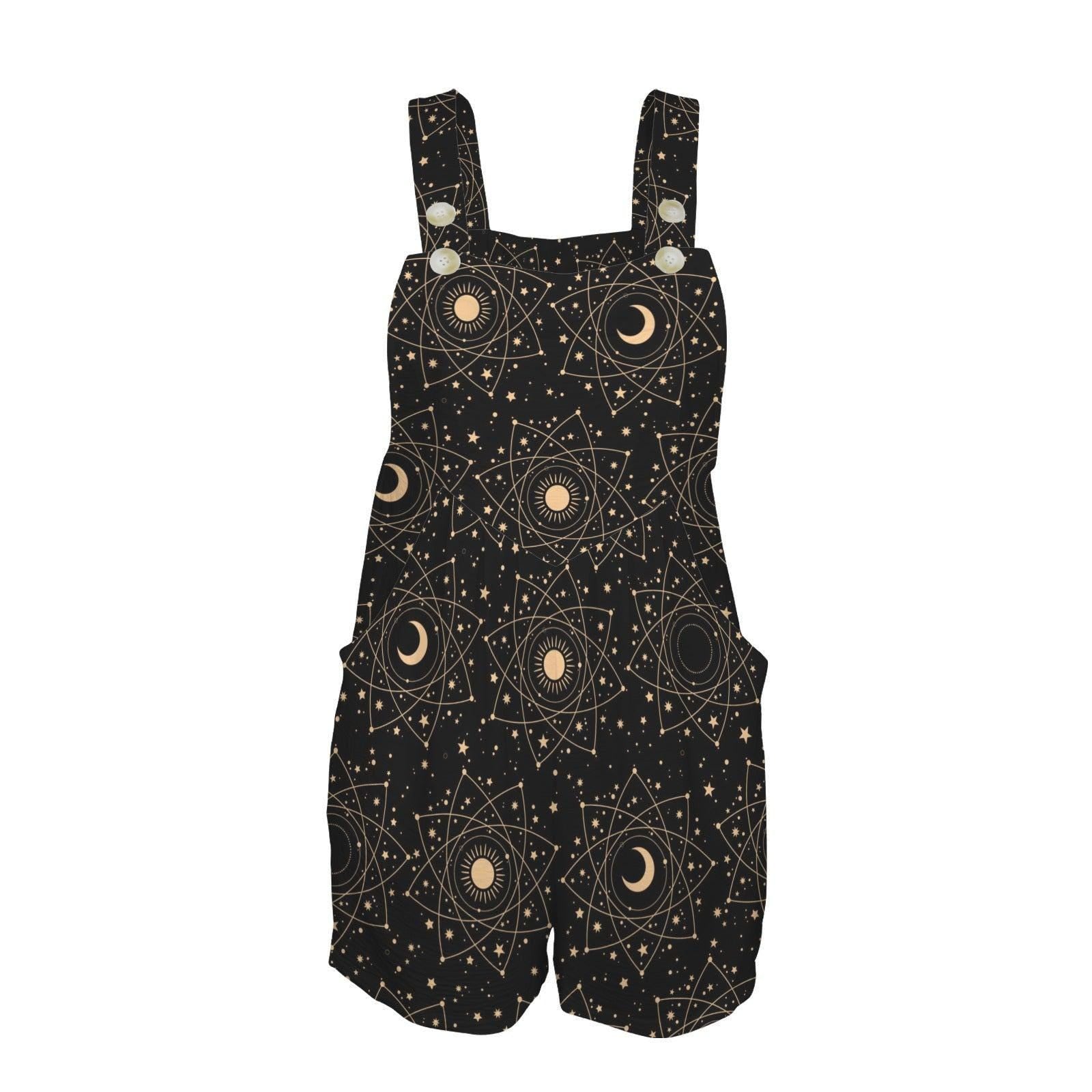 Celestial Moon Shortalls Romper, Black Sun Stars Print, Witchy Pocket Playsuit
