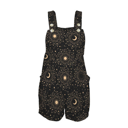 Celestial Moon Shortalls Romper, Black Sun Stars Print, Witchy Pocket Playsuit
