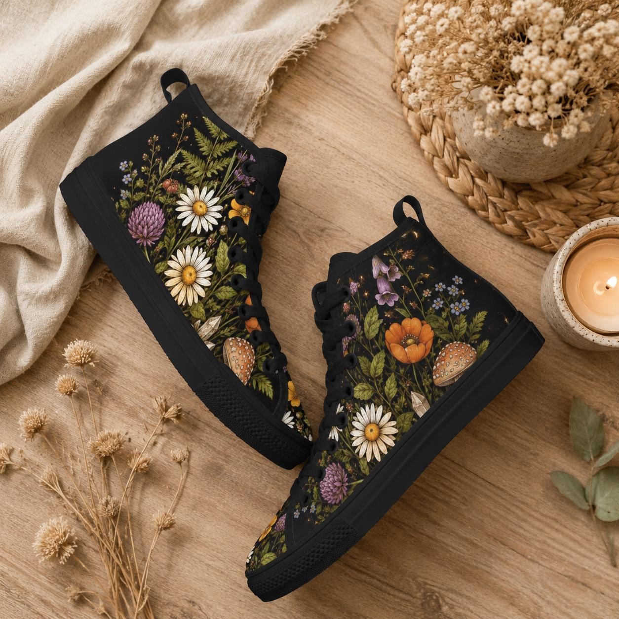 Black Wildflower High Top Sneakers, Daisy Mushroom Print Canvas Trainers