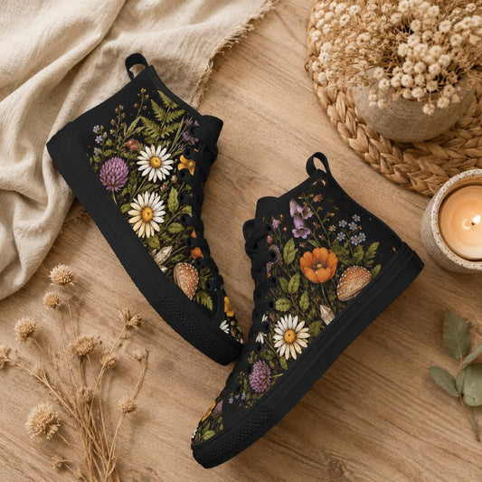 Black Wildflower High Top Sneakers, Daisy Mushroom Print Canvas Trainers