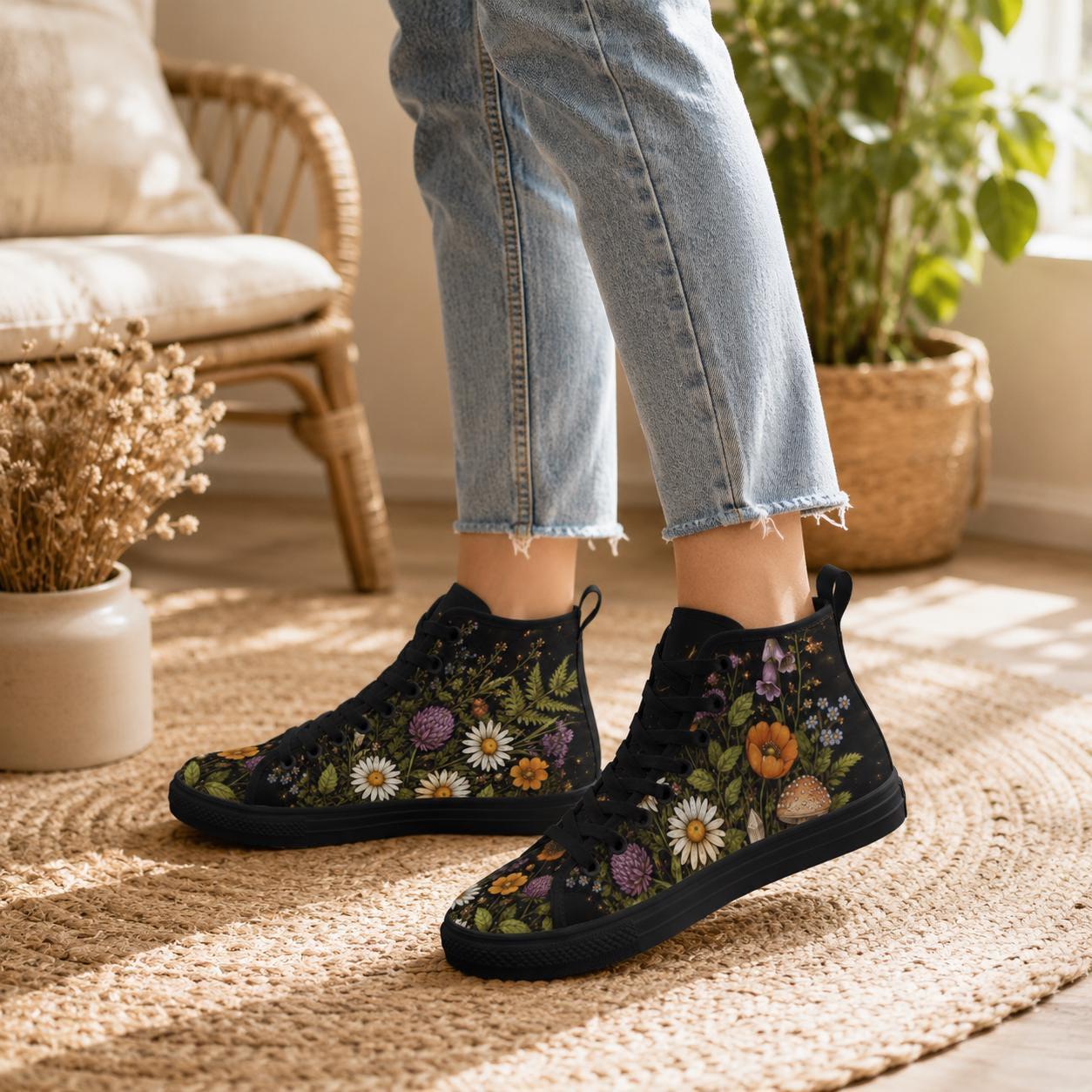Black Wildflower High Top Sneakers, Daisy Mushroom Print Canvas Trainers