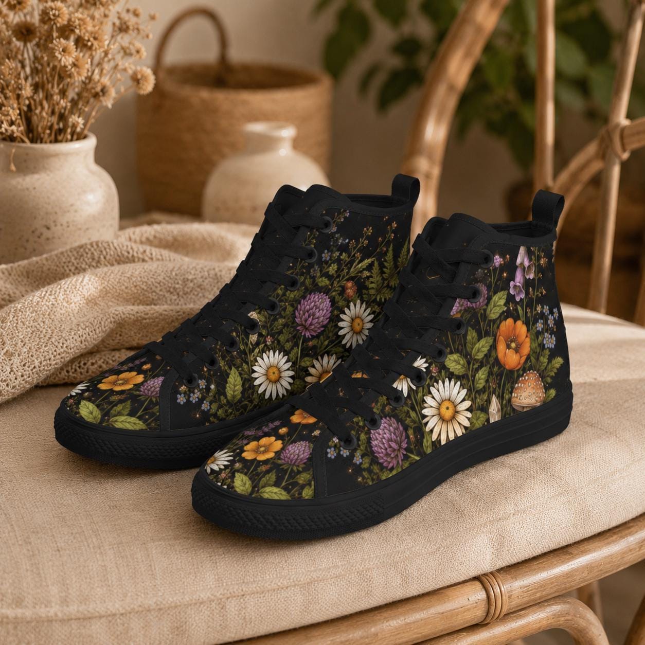 Black Wildflower High Top Sneakers, Daisy Mushroom Print Canvas Trainers