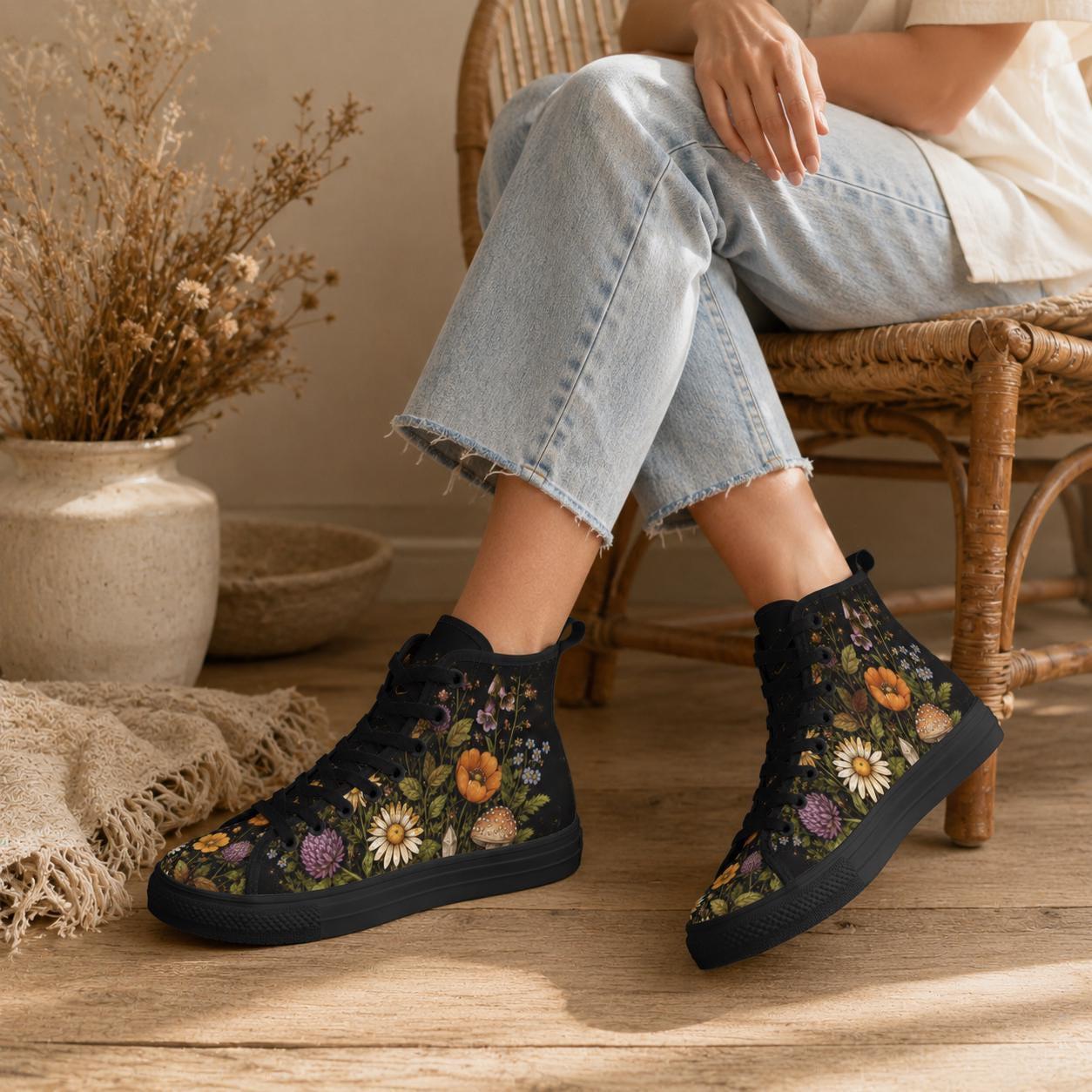 Black Wildflower High Top Sneakers, Daisy Mushroom Print Canvas Trainers