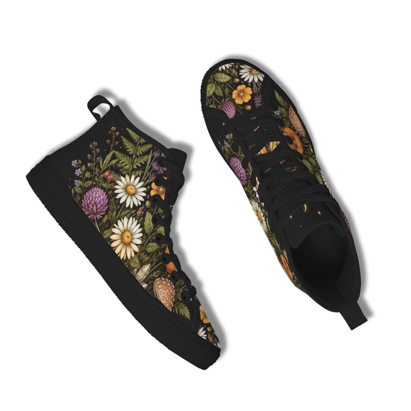 Black Wildflower High Top Sneakers, Daisy Mushroom Print Canvas Trainers
