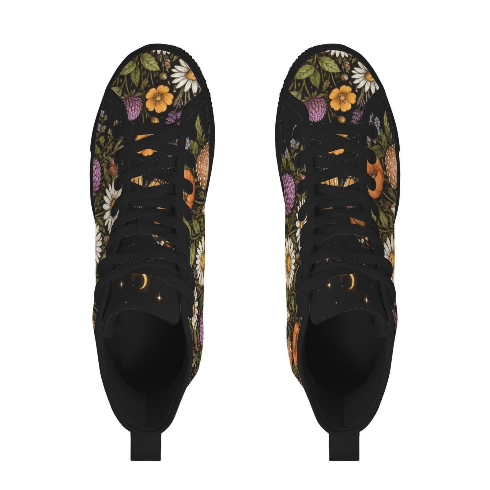 Black Wildflower High Top Sneakers, Daisy Mushroom Print Canvas Trainers