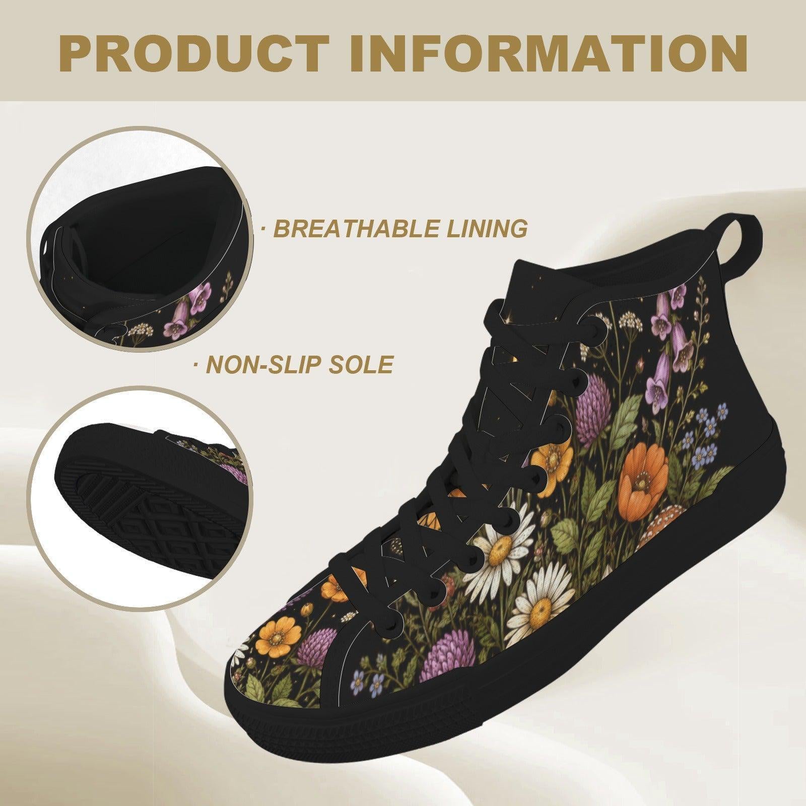 Black Wildflower High Top Sneakers, Daisy Mushroom Print Canvas Trainers