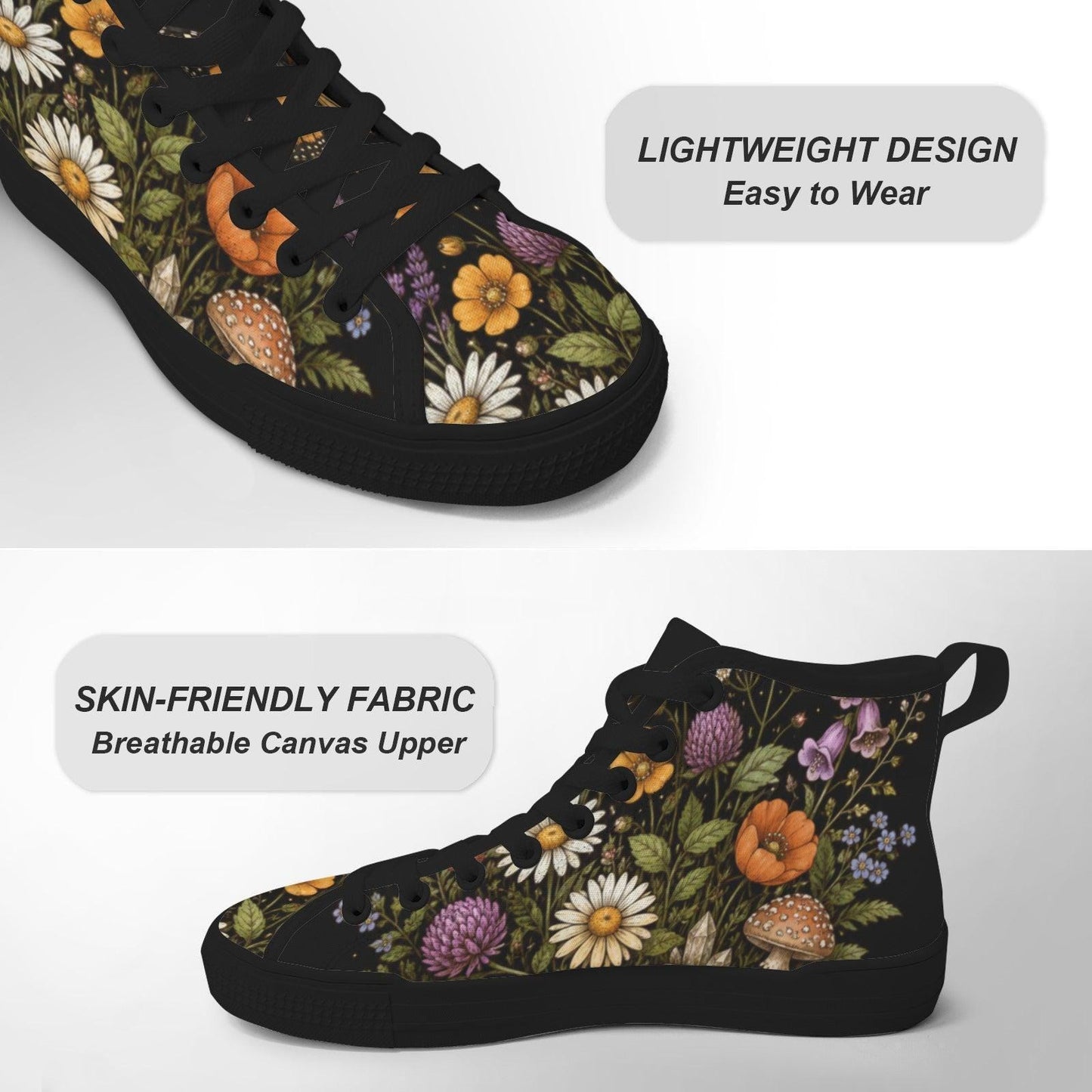 Black Wildflower High Top Sneakers, Daisy Mushroom Print Canvas Trainers
