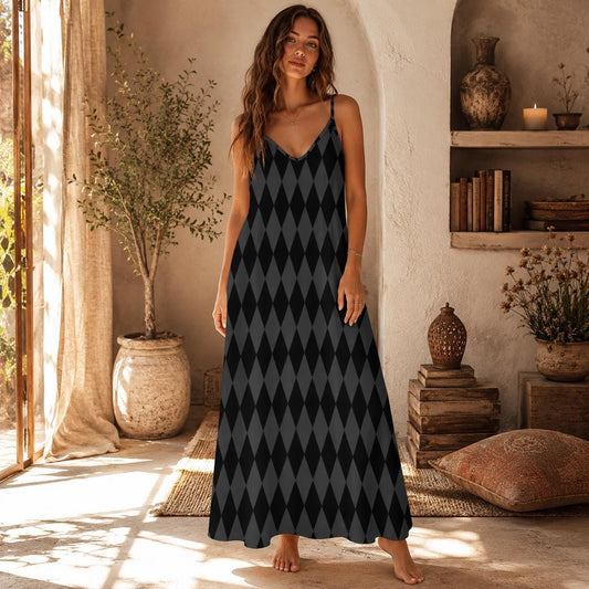 Harlequin Maxi Dress, Gothic Black Checker Slip, Edgy Summer Cami Outfit