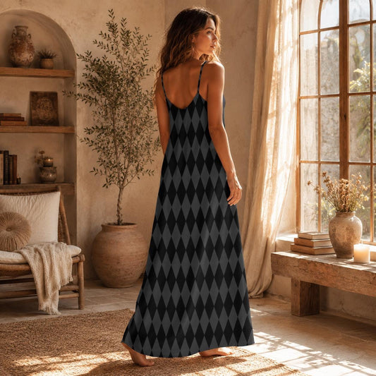Harlequin Maxi Dress, Gothic Black Checker Slip, Edgy Summer Cami Outfit