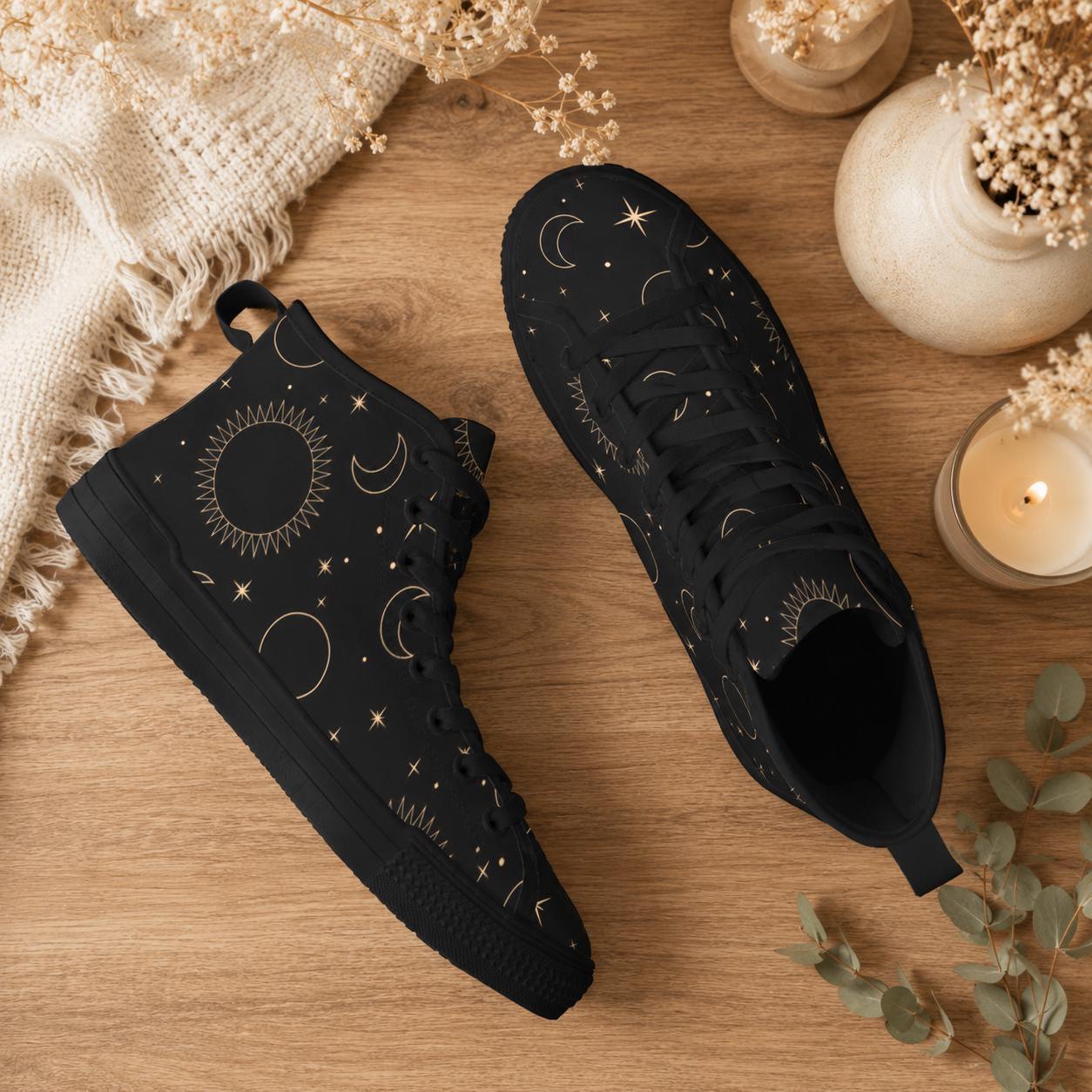 Celestial High Top Sneakers, Black Moon Sun Star Print Lace Up Shoes, Witchy Festival