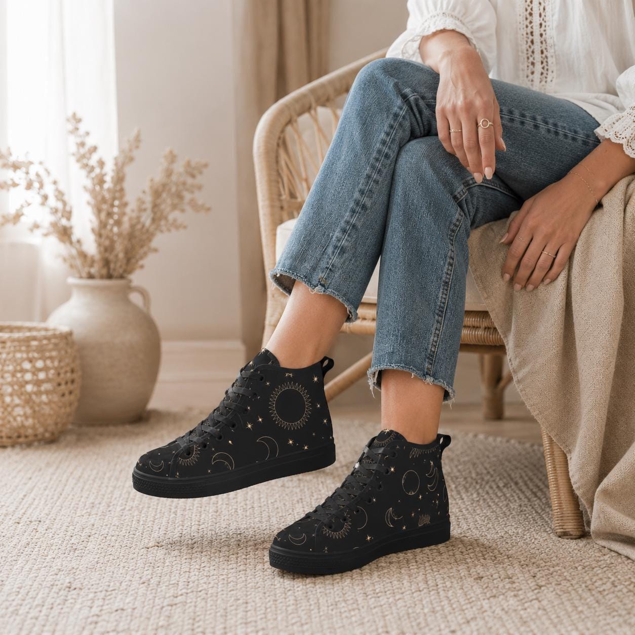 Celestial High Top Sneakers, Black Moon Sun Star Print Lace Up Shoes, Witchy Festival