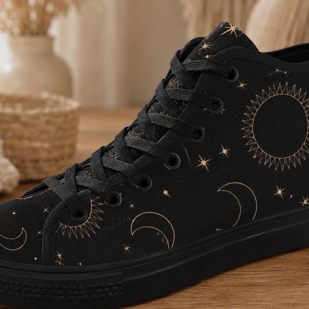 Celestial High Top Sneakers, Black Moon Sun Star Print Lace Up Shoes, Witchy Festival