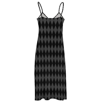 Harlequin Maxi Dress, Gothic Black Checker Slip, Edgy Summer Cami Outfit