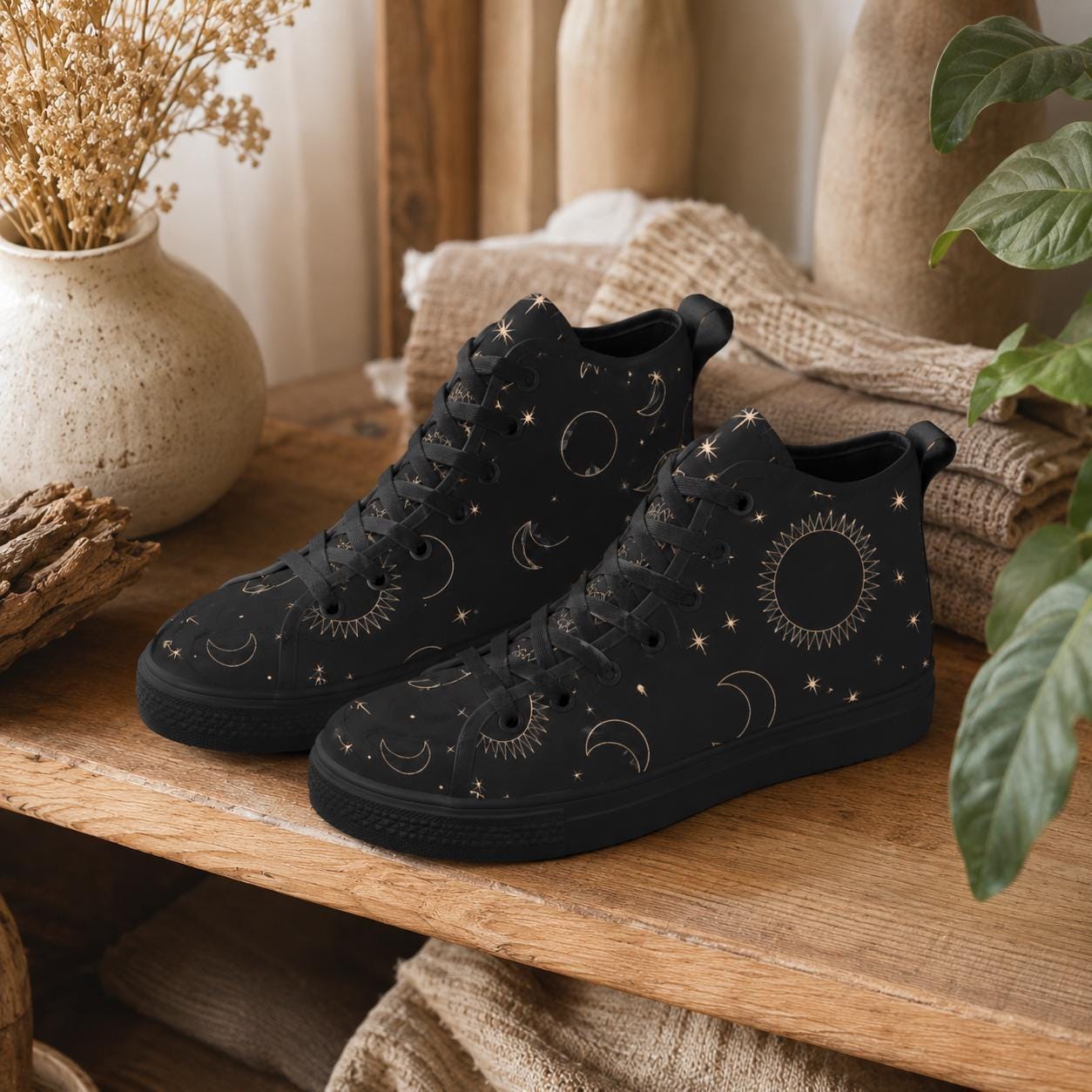 Celestial High Top Sneakers, Black Moon Sun Star Print Lace Up Shoes, Witchy Festival