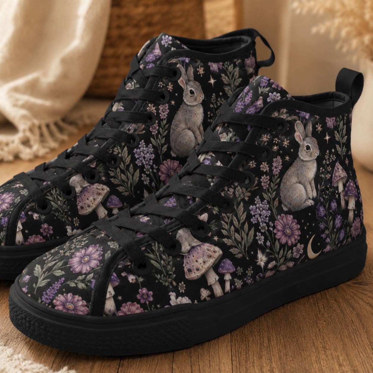 Rabbit Mushroom High Top Canvas Sneakers, Woodland Floral Fairycore Lace Up Shoes