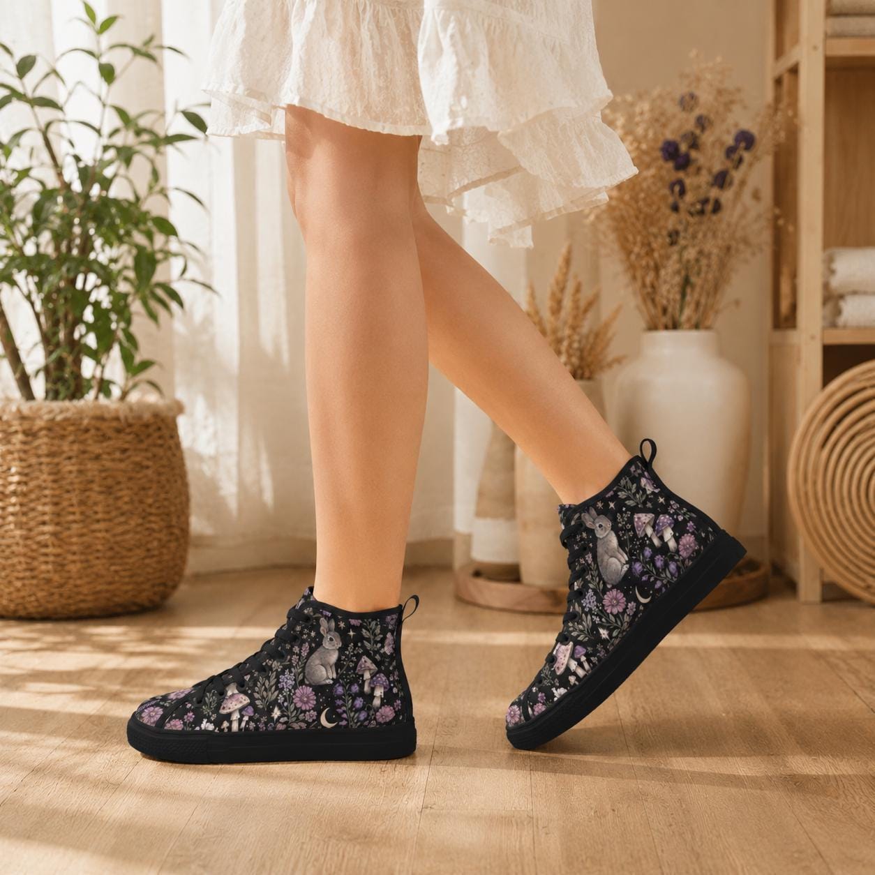 Rabbit Mushroom High Top Canvas Sneakers, Woodland Floral Fairycore Lace Up Shoes