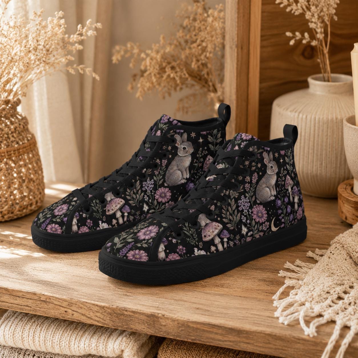 Rabbit Mushroom High Top Canvas Sneakers, Woodland Floral Fairycore Lace Up Shoes