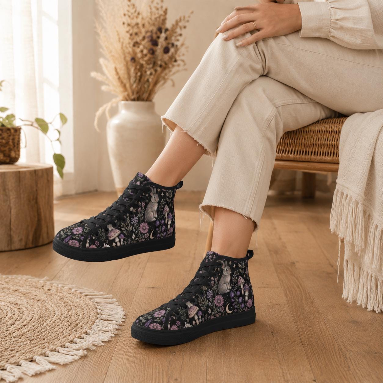 Rabbit Mushroom High Top Canvas Sneakers, Woodland Floral Fairycore Lace Up Shoes