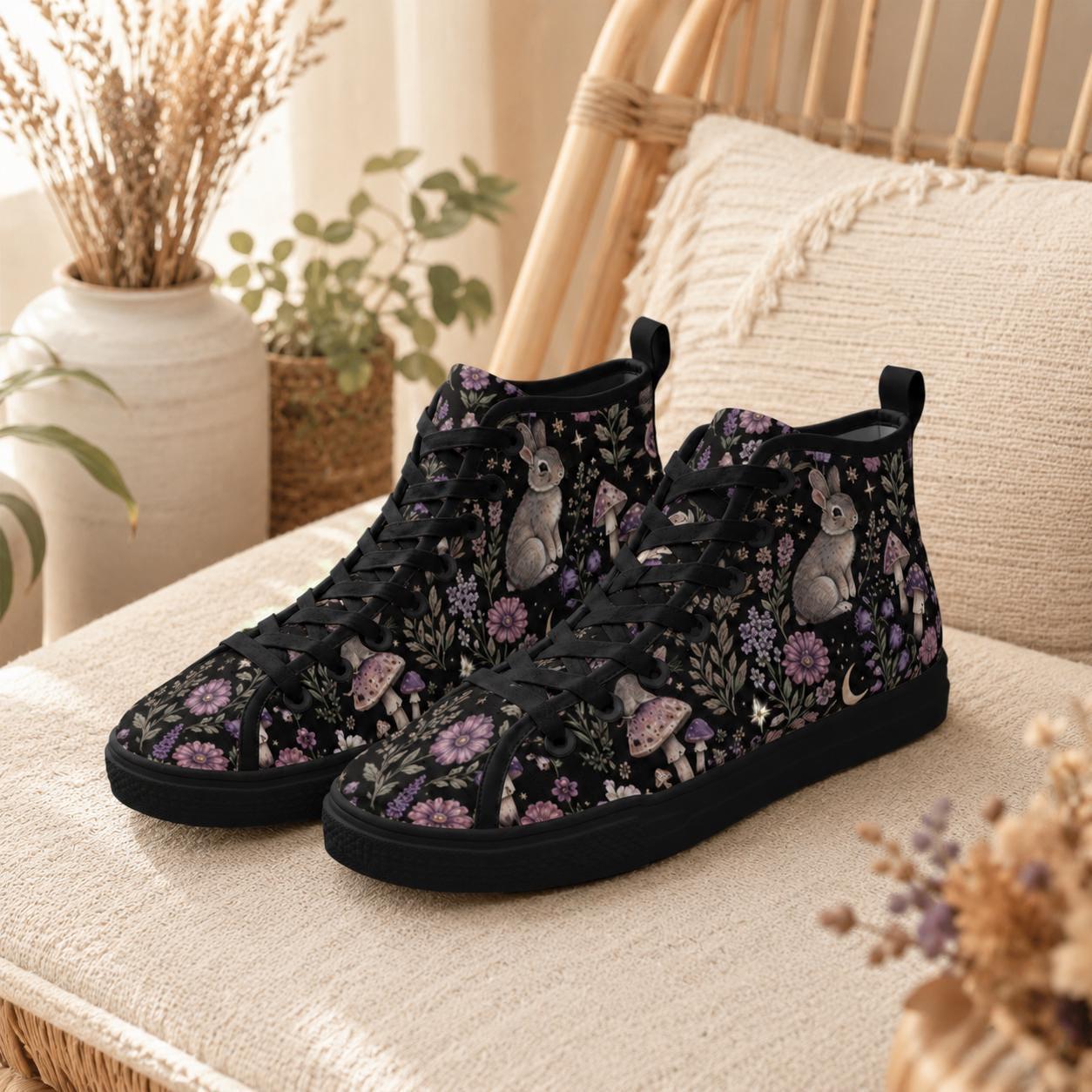Rabbit Mushroom High Top Canvas Sneakers, Woodland Floral Fairycore Lace Up Shoes