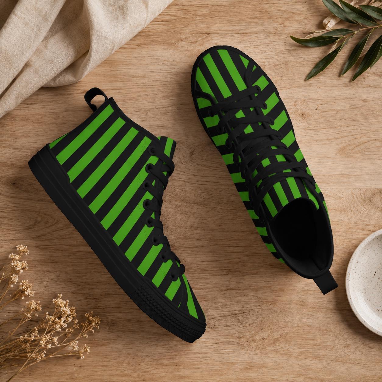Green Black Stripe High Top Sneakers, Gothic Lace Up Shoes, Witchy Footwear