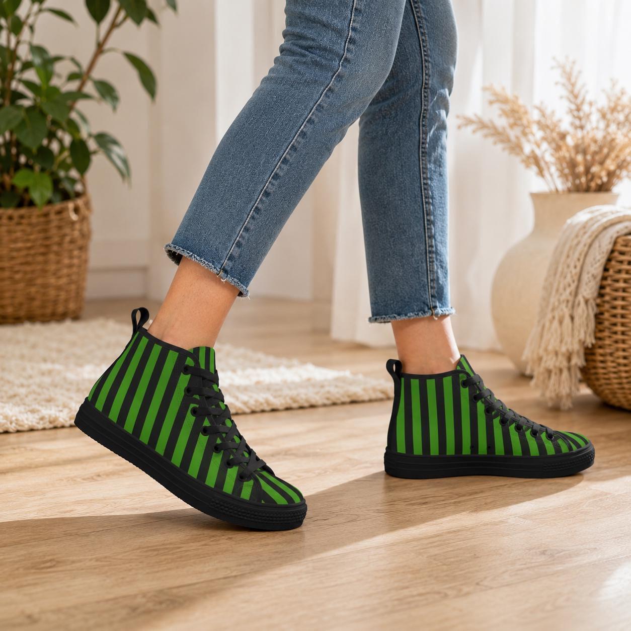 Green Black Stripe High Top Sneakers, Gothic Lace Up Shoes, Witchy Footwear