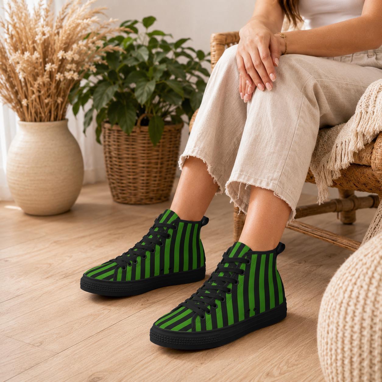 Green Black Stripe High Top Sneakers, Gothic Lace Up Shoes, Witchy Footwear