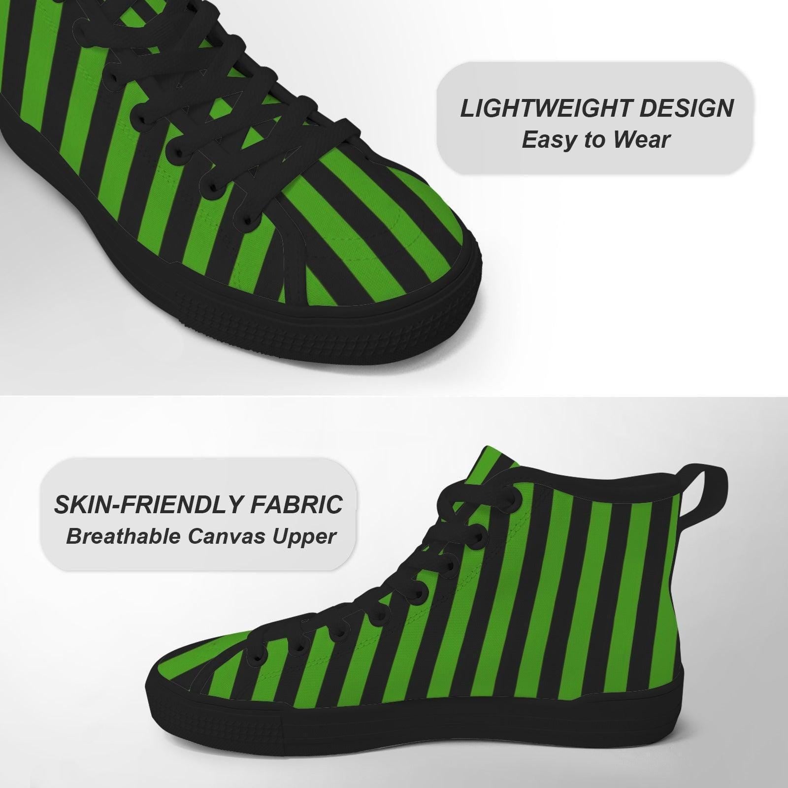 Green Black Stripe High Top Sneakers, Gothic Lace Up Shoes, Witchy Footwear