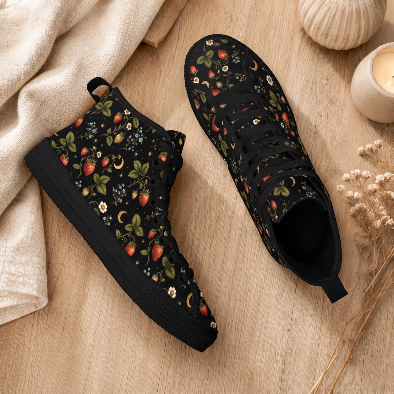 Celestial High Top Sneakers, Black Moon Star Berry Print Canvas Trainers