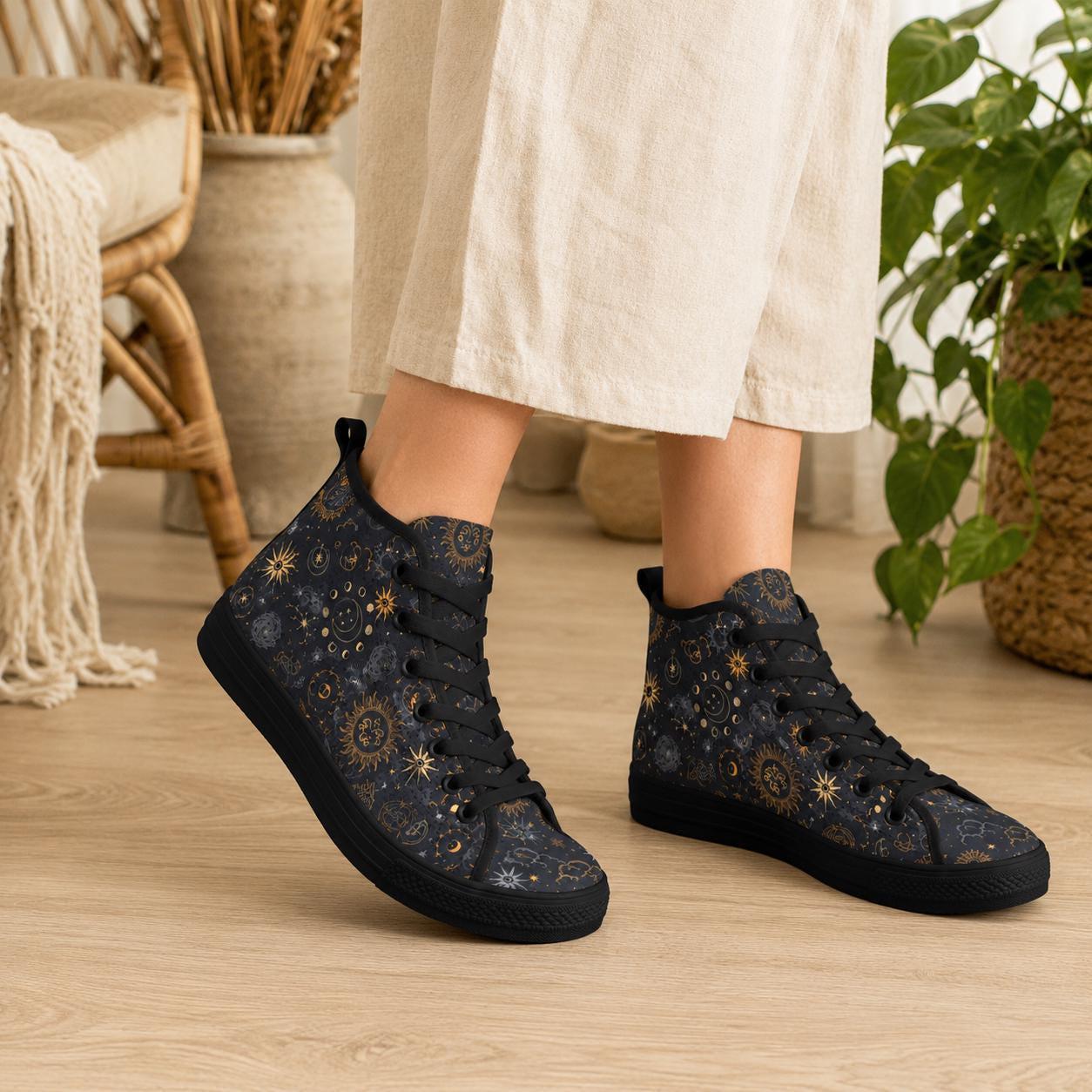 Celestial High Top Sneakers, Black Sun Moon Astrology Print Lace Up Shoes