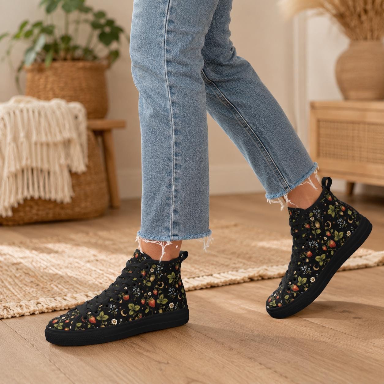 Celestial High Top Sneakers, Black Moon Star Berry Print Canvas Trainers