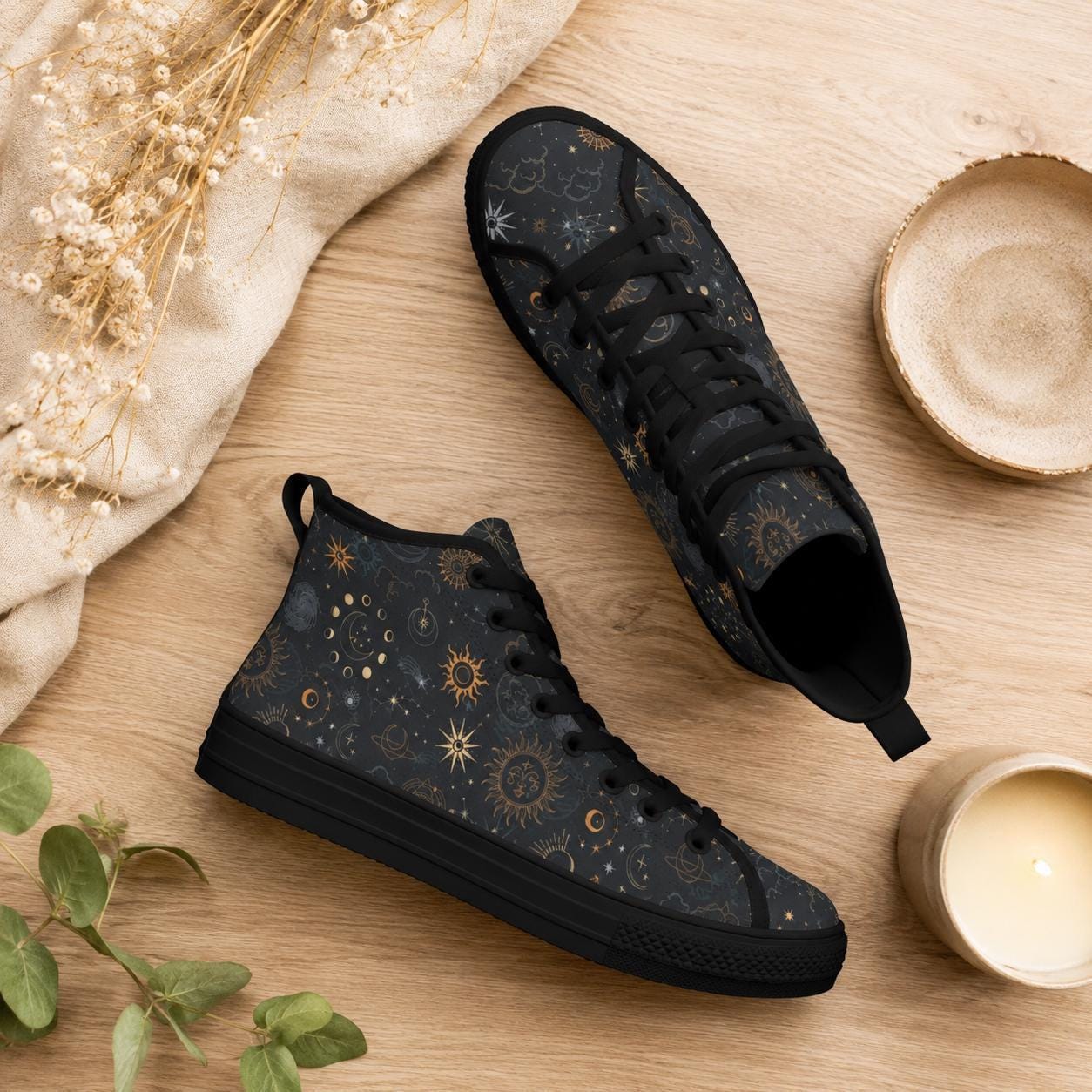Celestial High Top Sneakers, Black Sun Moon Astrology Print Lace Up Shoes
