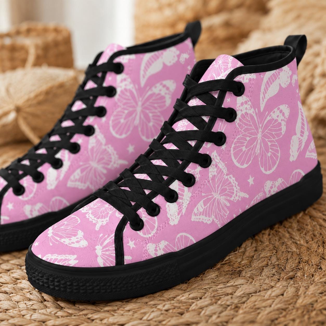 Pink Butterfly High Top Canvas Shoes, White Floral Print, Fairycore Lace Up Trainers