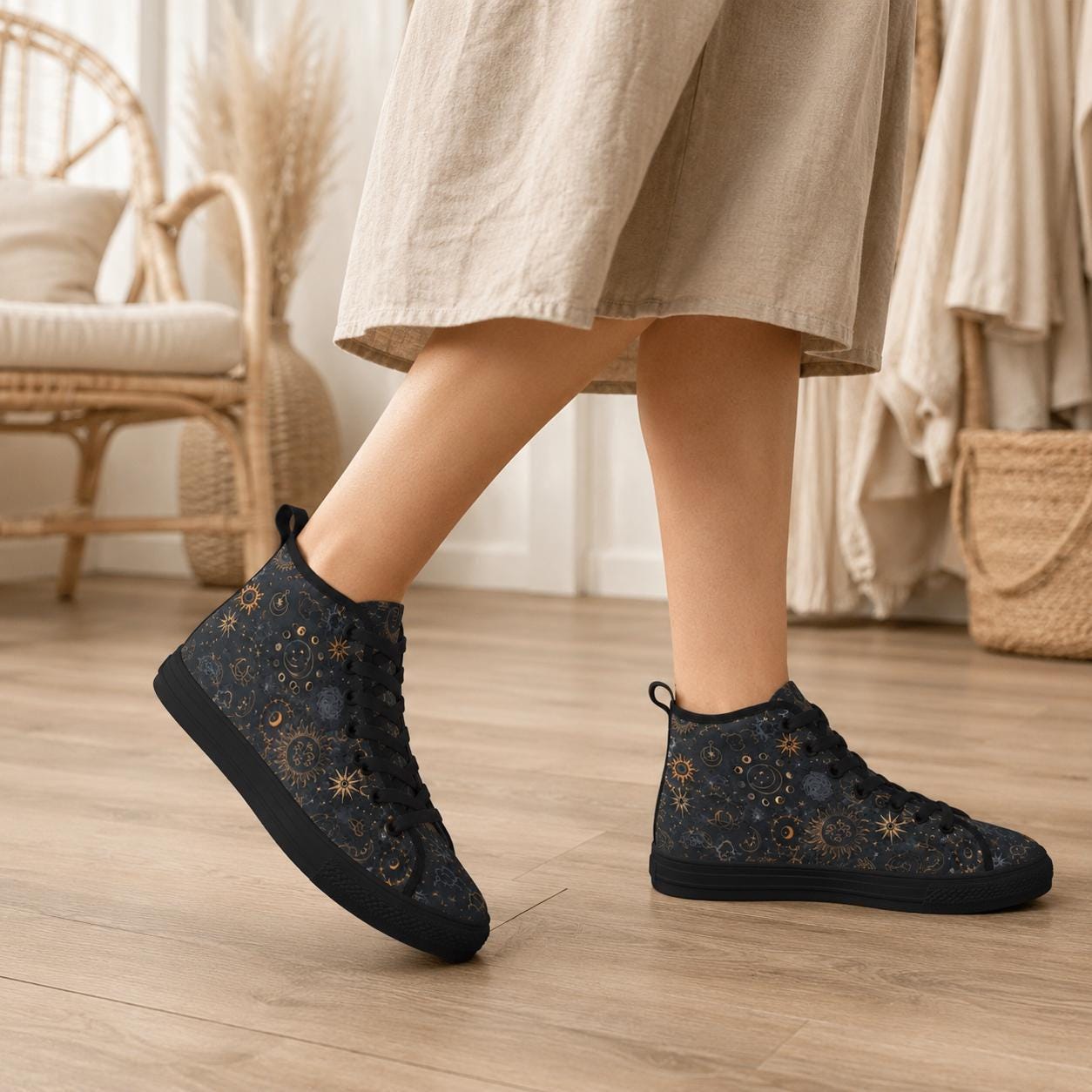 Celestial High Top Sneakers, Black Sun Moon Astrology Print Lace Up Shoes